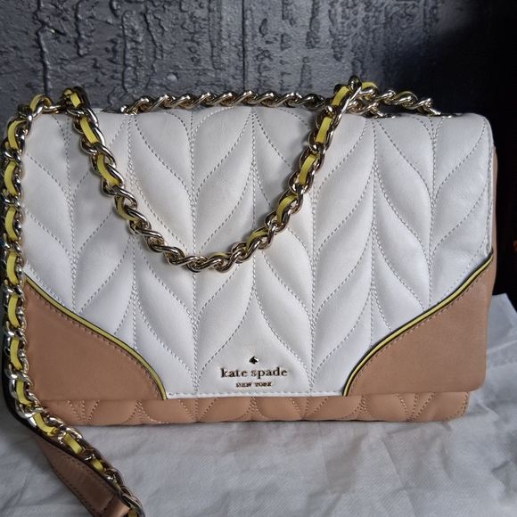 kate spade Handbags - Kate Spade White and Tan Quilted Crossbody Bag Neon Yellow Detail Chain Strap